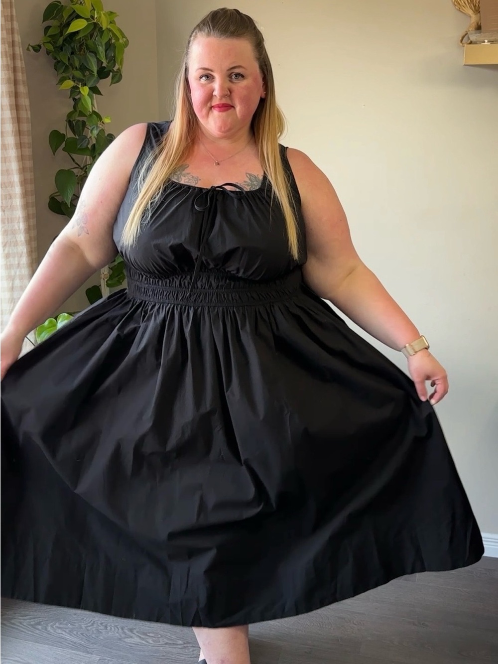 Plus Size Black Sleeveless Smocked-Waist Dress